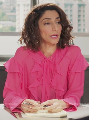 Delia's pink sheer ruffle blouse on Girlfriends Guide to Divorce