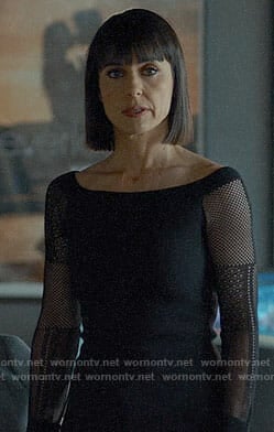 Quinn's black fishnet sleeve off-shoulder top on UnReal