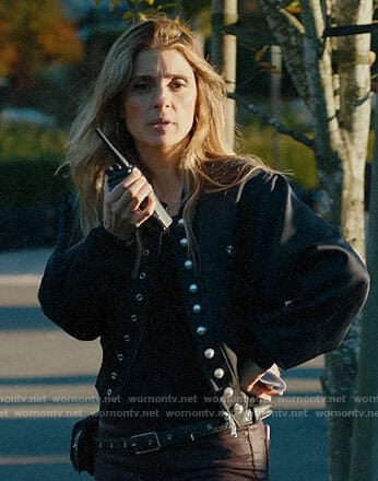 Rachel’s black bomber jacket with pearl buttons on UnReal