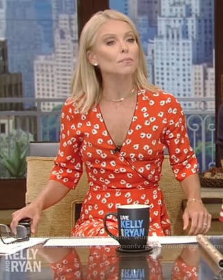 Kelly’s red floral print wrap dress on Live with Kelly and Ryan