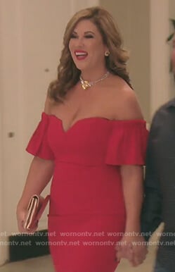 Emily's red off shoulder mini dress on The Real Housewives of Orange County