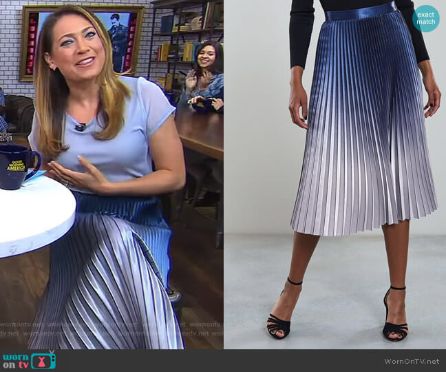 Anna Metallic Ombre Pleated Midi Skirt by Reiss worn by Ginger Zee  on Good Morning America
