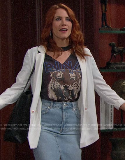 Sally's tiger tee and white blazer on The Bold and the Beautiful