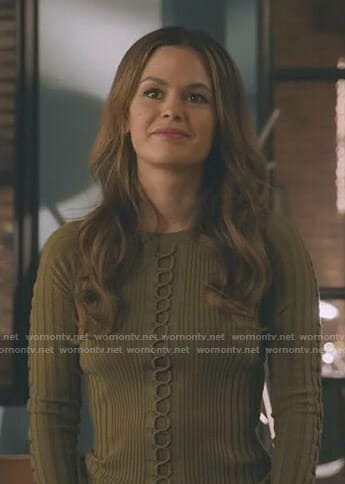 Sam's green lace-up ribbed sweater on Take Two