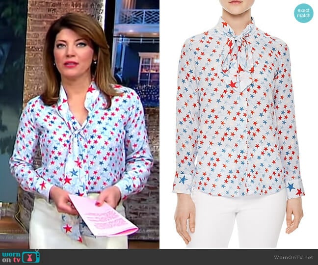 Space Tie-neck Silk Shirt by Sandro worn by Norah O'Donnell on CBS Mornings