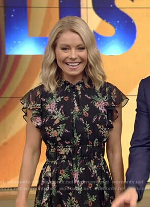Kelly’s black floral ruffled dress on Live with Kelly and Ryan