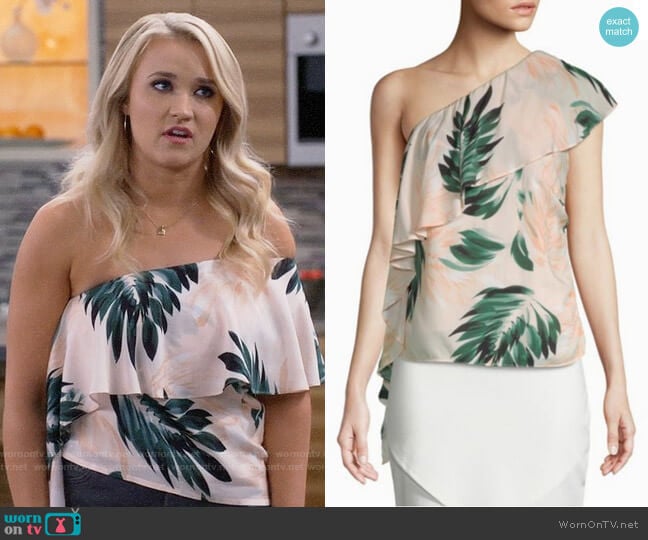 Scripted Palm-Print One Shoulder Ruffle Top worn by Gabi Diamond (Emily Osment) on Young and Hungry