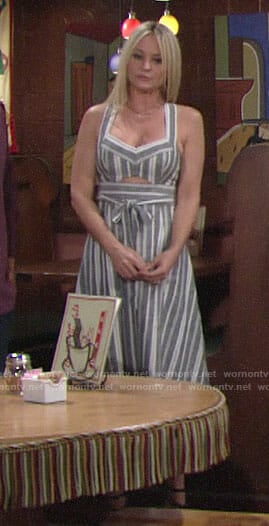 Sharon's striped midi dress on The Young and the Restless