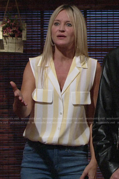 Sharon’s yellow striped sleeveless shirt on The Young and the Restless