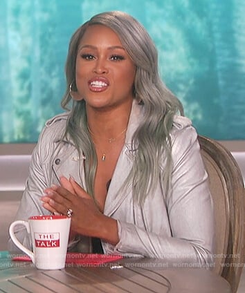 Eve’s silver metallic moto jacket on The Talk