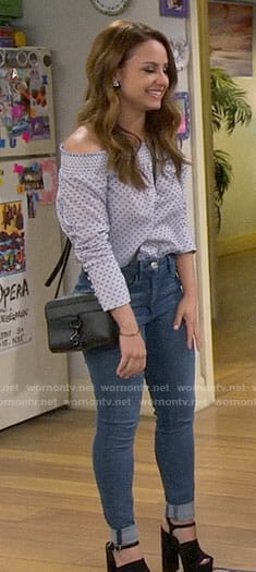 Sofia's blue dotted off-shoulder top on Young and Hungry