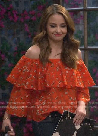 Sofia's red floral off-shoulder top on Young and Hungry