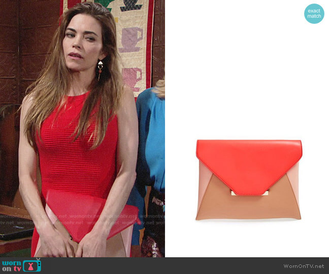 Sole Society Colorblock Faux Leather Envelope Clutch worn by Victoria Newman (Amelia Heinle) on The Young and the Restless