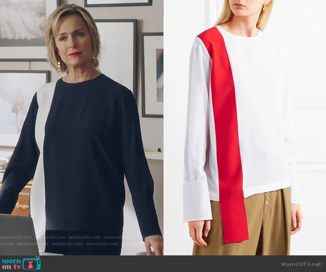 Draped two-tone silk-crepe top by Stella McCartney worn by Jacqueline (Melora Hardin) on The Bold Type