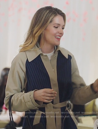 Sutton's blue and beige striped trench coat on The Bold Type