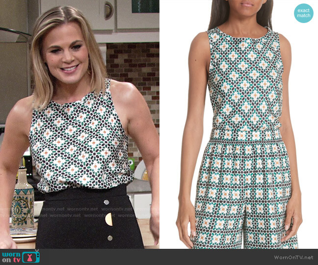 Theory Racer 2B Tile Print Silk Top worn by Phyllis Newman (Gina Tognoni) on The Young and the Restless