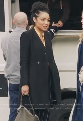 Kat's black three button wool coat on The Bold Type