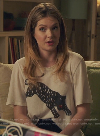 Sutton’s white tiger print t-shirt on The Bold Type