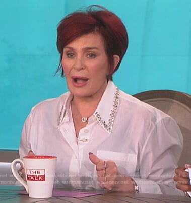 Sharon's white embellished collar blouse on The Talk