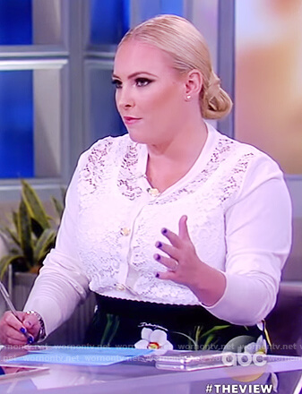 Meghan’s white lace sweater and floral skirt on The View