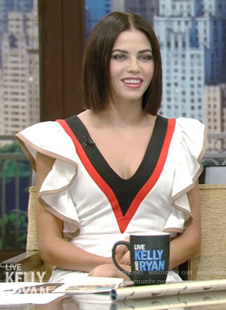 Jenna Dewan’s white v-neck ruffle dress on Live with Kelly and Ryan
