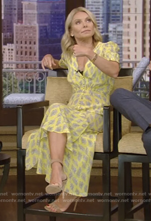 Kelly’s yellow print v-neck dress on Live with Kelly and Ryan