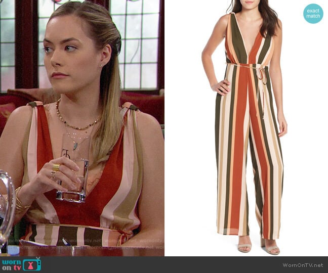 4SI3NNA Stripe Deep V Jumpsuit worn by Hope Logan (Annika Noelle) on The Bold and the Beautiful