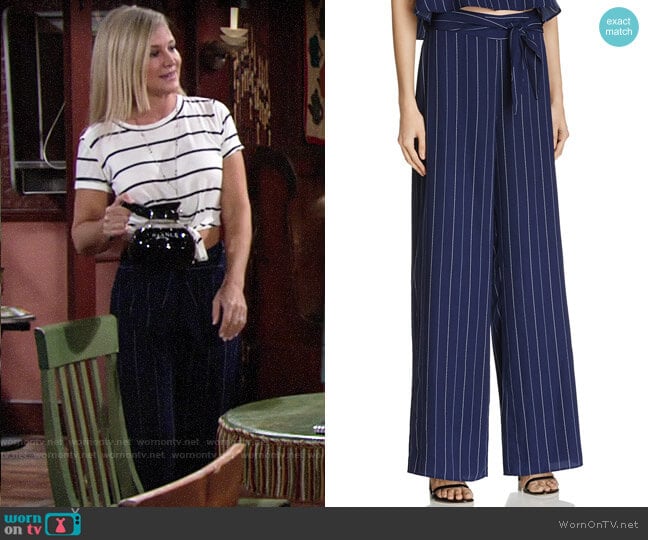 Aqua Stripe Tie Waist Wide Leg Pants worn by Sharon Newman (Sharon Case) on The Young and the Restless