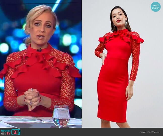 Midi Pencil Dress with Mesh and Frill Details by Asos worn by Carrie Bickmore on The Project