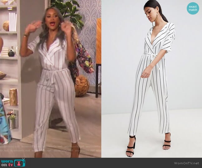 Wrap Jumpsuit with self belt in stripe by Asos worn by Eve on The Talk