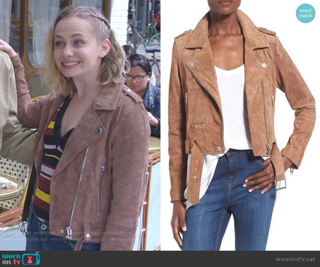 Morning Suede Moto Jacket by BlankNYC  worn by Caitlin Miller (Tessa Albertson) on Younger