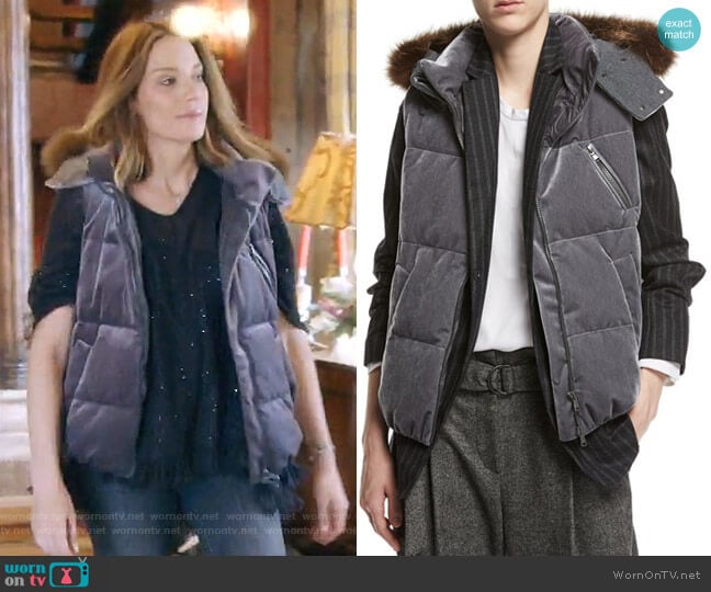 Velvet Puffer Vest with Fur-Trim Hood by Brunello Cucinelli worn by Cary Deuber on The Real Housewives of Dallas