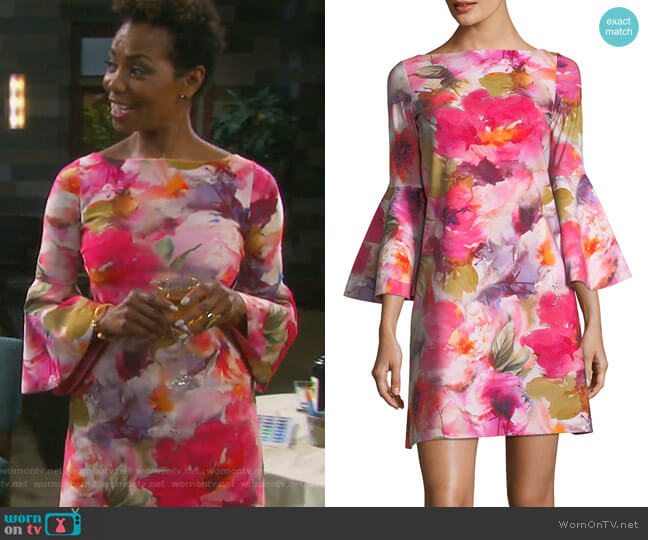 Natalia Bell-Sleeve Floral-Print Dress by Chiara Boni La Petite Robe worn by Valerie Grant (Vanessa Williams) on Days of our Lives