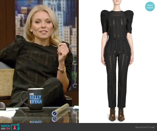 Embroidered Puff-Sleeve Top and Embroidered Trousers worn by Kelly Ripa on Live with Kelly and Mark