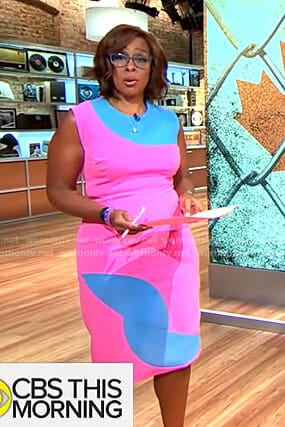 Gayle King’s pink and blue colorblock dress on CBS This Morning