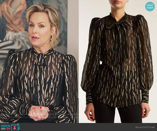 Pussy-bow metallic fil-coupé silk-blend blouse by Givenchy worn by Jacqueline (Melora Hardin) on The Bold Type