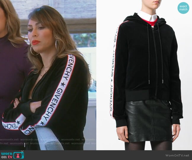 Hooded Logo Stripe Jacket by Givenchy worn by Kelly Dodd on The Real Housewives of Orange County