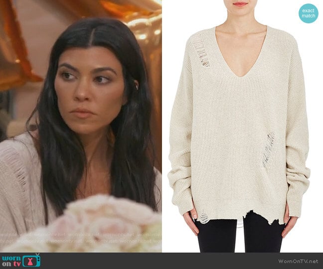 Distressed Wool-Cashmere Oversized Sweater by Helmut Lang worn by Kourtney Kardashian on Keeping Up with the Kardashians