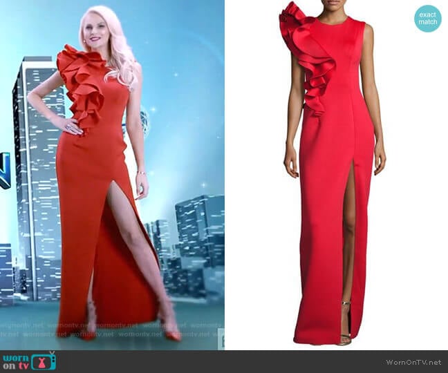 Sleeveless Ruffle-Trim Crepe Column Gown by Jovani worn by Kameron Westcott on The Real Housewives of Dallas