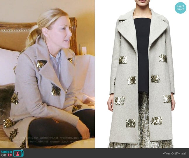 Metallic Fringe-Embellished Long Coat by Lela Rose worn by Stephanie Hollman on The Real Housewives of Dallas