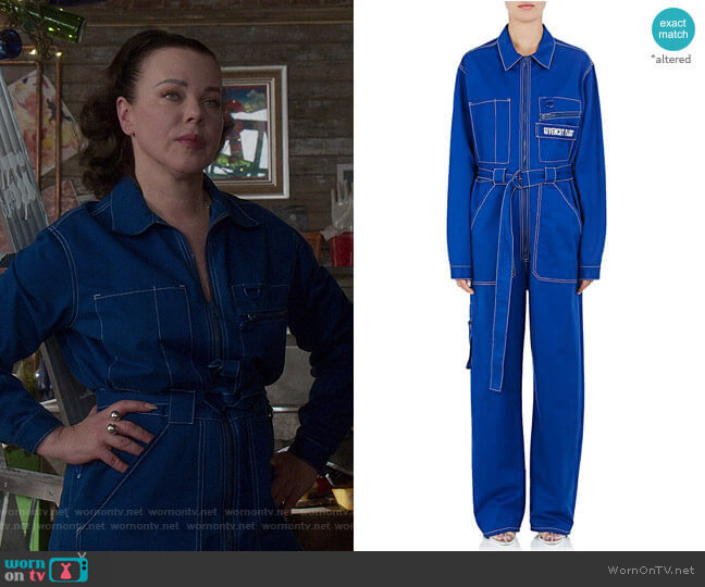 Logo-Embroidered Cotton Band Jumpsuit by Givenchy worn by Maggie (Debi Mazar) on Younger