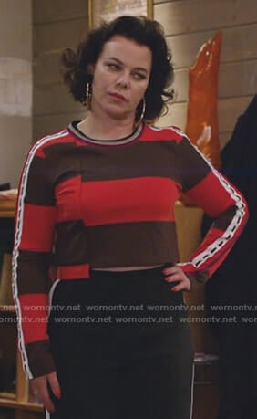 Maggie’s red and brown striped top on Younger