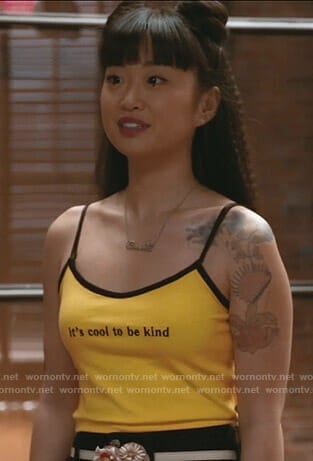 Monica's yellow It's Cool To Be Kind cami on Take Two