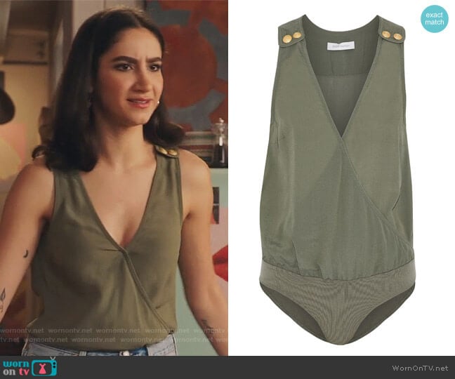 Wrap-effect button-detailed crepe de chine bodysuit by Pierre Balmain worn by Adena El-Amin (Nikohl Boosheri) on The Bold Type