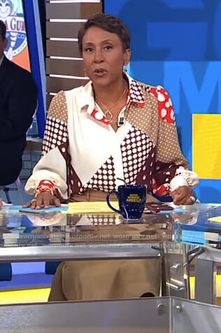 Robin’s dot print blouse and beige skirt on Good Morning America