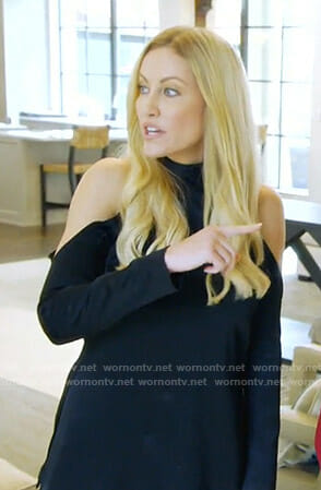 Stephanie's black cold-shoulder top on The Real Housewives of Dallas