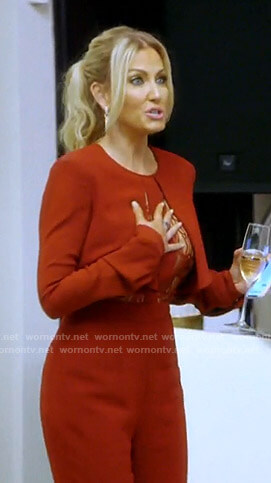 Stephanie’s red lace inset jumpsuit on The Real Housewives of Dallas