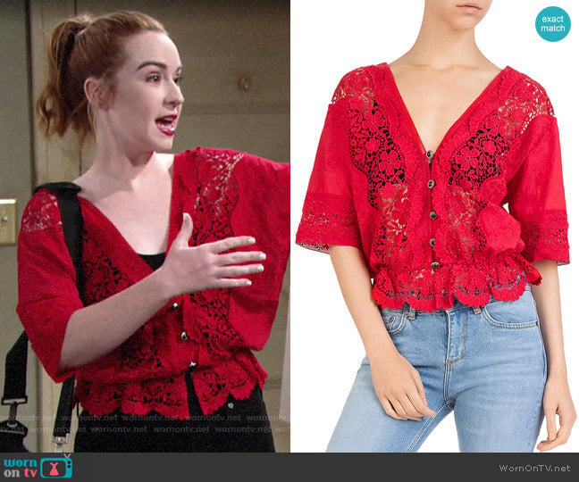 The Kooples Sheer Lace-Inset Cotton Top worn by Mariah Copeland (Camryn Grimes) on The Young and the Restless