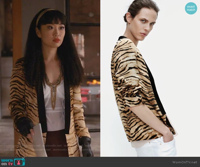 Animal Print Blazer by Zara worn by Monica (Alice Lee) on Take Two