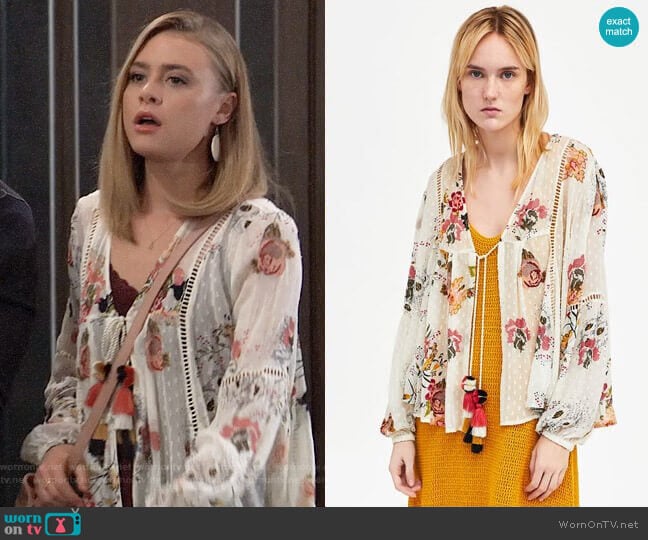 Zara Embroidered Dotted Mesh Blouse worn by Kiki Jerome (Hayley Erin) on General Hospital